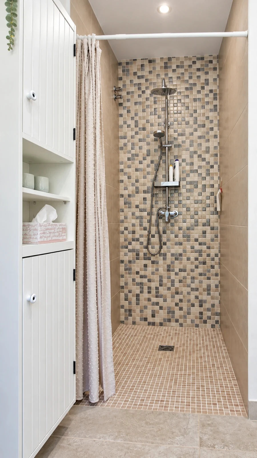 Großzügige Dusche mit Mosaikfliesen